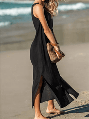 Inrosy blouse robe longue coton fendu boutonnage v-cou sans manches femme lâche décontracté de plage