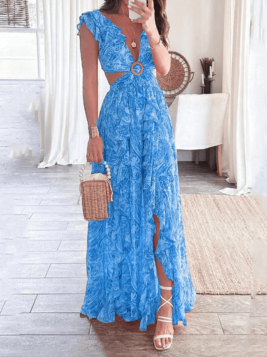 Inrosy robe longue imprimé à fleurie fenduà volantée dos nu v-cou sans manches élégant femme boho décontracté plage