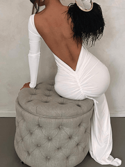 Inrosy robe longue moulante nœud décolleté dos dos nu col rond manches longues femme élégant de soirée