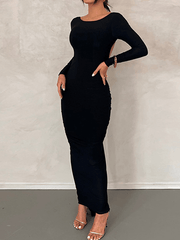 Inrosy robe longue moulante nœud décolleté dos dos nu col rond manches longues femme élégant de soirée