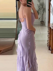 Inrosy robe longue moulante irrégulière fendu à volantée dos nu à fines brides sans manches femme élégant soirée