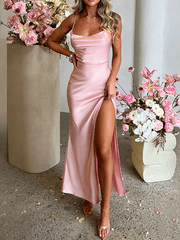 Inrosy robe longue moulante satin fendu le côté croisé dos dos nu à fines brides sans manches femme élégant de soirée cocktail