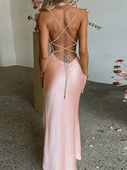 Inrosy robe longue moulante satin fendu le côté croisé dos dos nu à fines brides sans manches femme élégant de soirée cocktail