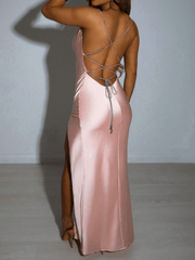 Inrosy robe longue moulante satin fendu le côté croisé dos dos nu à fines brides sans manches femme élégant de soirée cocktail