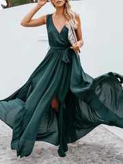 Inrosy robe longue bretelle fendu ceinture noeud papillon v-cou sans manches femme boho décontracté de plage