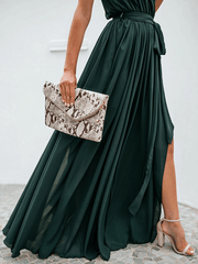 Inrosy robe longue bretelle fendu ceinture noeud papillon v-cou sans manches femme boho décontracté de plage