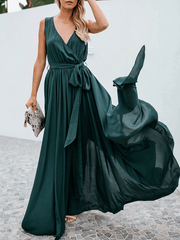 Inrosy robe longue bretelle fendu ceinture noeud papillon v-cou sans manches femme boho décontracté de plage