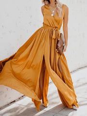 Inrosy robe longue bretelle fendu ceinture noeud papillon v-cou sans manches femme boho décontracté de plage