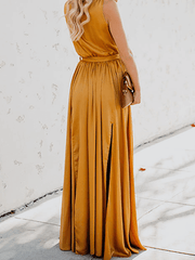 Inrosy robe longue bretelle fendu ceinture noeud papillon v-cou sans manches femme boho décontracté de plage