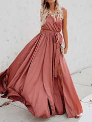Inrosy robe longue bretelle fendu ceinture noeud papillon v-cou sans manches femme boho décontracté de plage