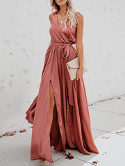 Inrosy robe longue bretelle fendu ceinture noeud papillon v-cou sans manches femme boho décontracté de plage