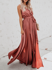 Inrosy robe longue bretelle fendu ceinture noeud papillon v-cou sans manches femme boho décontracté de plage