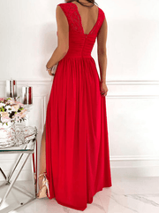 Inrosy robe longue dentelle fendu le côté fluide décolleté dos bretelle v-cou encolure en cœur sans manches femme élégant soirée