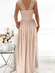 Inrosy robe longue dentelle fendu le côté fluide décolleté dos bretelle v-cou encolure en cœur sans manches femme élégant soirée