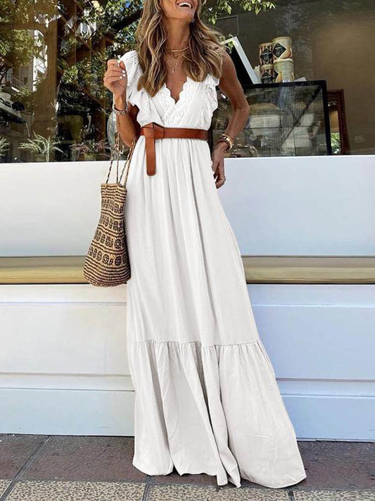 Inrosy robe longue dentelle à volantée ceinture v-cou sans manches femme élégant boho décontracté de plage