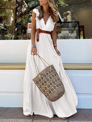Inrosy robe longue dentelle à volantée ceinture v-cou sans manches femme élégant boho décontracté de plage