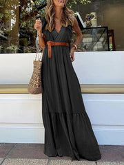 Inrosy robe longue dentelle à volantée ceinture v-cou sans manches femme élégant boho décontracté de plage