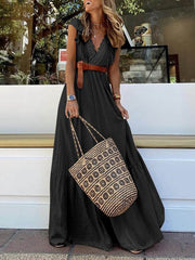 Inrosy robe longue dentelle à volantée ceinture v-cou sans manches femme élégant boho décontracté de plage