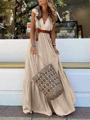 Inrosy robe longue dentelle à volantée ceinture v-cou sans manches femme élégant boho décontracté de plage