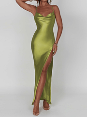 Inrosy robe longue moulante satin fendu le côté dos nu à fines brides sans manches femme élégant de soirée