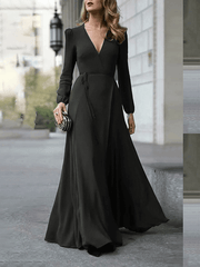 Inrosy robe longue fluide nœud ceinture v-cou manches longues femme élégant soirée bal de promo cérémonie
