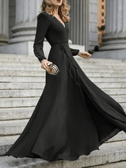 Inrosy robe longue fluide nœud ceinture v-cou manches longues femme élégant soirée bal de promo cérémonie