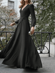 Inrosy robe longue fluide nœud ceinture v-cou manches longues femme élégant soirée bal de promo cérémonie