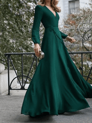 Inrosy robe longue fluide nœud ceinture v-cou manches longues femme élégant soirée bal de promo cérémonie