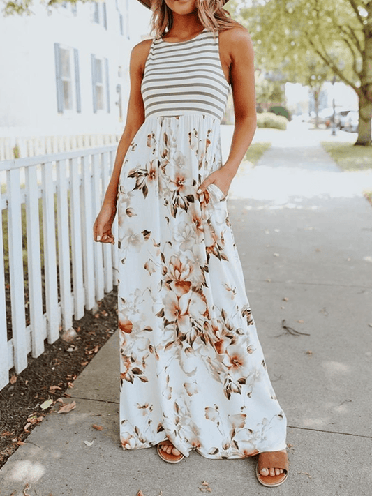 Inrosy robe longue rayé imprimé à fleurie bretelle col rond sans manches femme casual élégant mode décontracté été