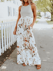 Inrosy robe longue rayé imprimé à fleurie bretelle col rond sans manches femme casual élégant mode décontracté été