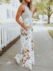 Inrosy robe longue rayé imprimé à fleurie bretelle col rond sans manches femme casual élégant mode décontracté été