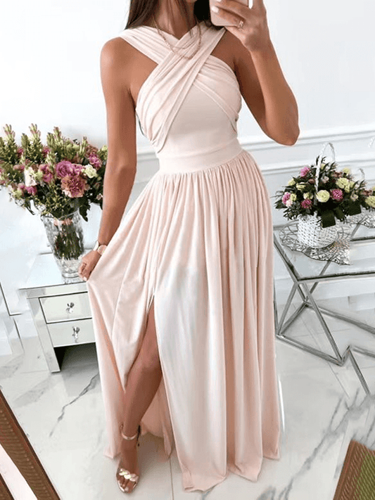 Inrosy robe longue fendu le côté fluide licou dos nu bretelle v-cou sans manches femme élégant soirée de promo cérémonie