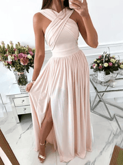 Inrosy robe longue fendu le côté fluide licou dos nu bretelle v-cou sans manches femme élégant soirée de promo cérémonie