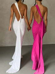 Inrosy robe dos benitier longue découpes moulante fluide nœud décolleté dos nu une épaule licou femme élégant de soirée