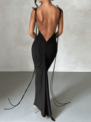 Inrosy longue robe col bénitier dos nu moulante nœud bustier à fines brides sans manches femme élégant de soirée