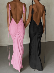 Inrosy longue robe col bénitier dos nu moulante nœud bustier à fines brides sans manches femme élégant de soirée