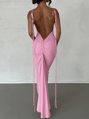 Inrosy longue robe col bénitier dos nu moulante nœud bustier à fines brides sans manches femme élégant de soirée