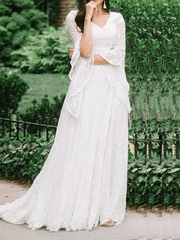 Inrosy robe longue dentelle fluide v-cou manches trompette manches longues femme élégant de soirée pour mariage champetre