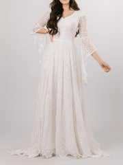 Inrosy robe longue dentelle fluide v-cou manches trompette manches longues femme élégant de soirée pour mariage champetre