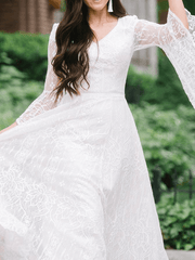 Inrosy robe longue dentelle fluide v-cou manches trompette manches longues femme élégant de soirée pour mariage champetre