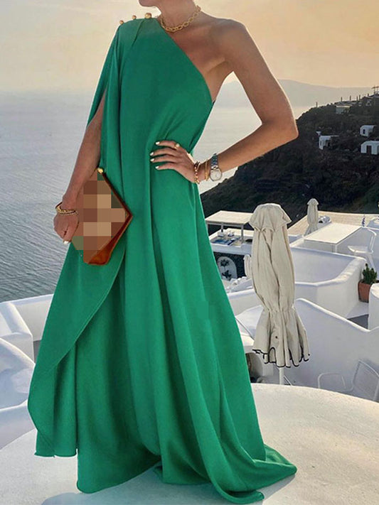 Inrosy robe longue irrégulière fendu fluide dos nu une épaule sans manches élégant mode ample bal de promo