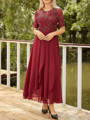 Inrosy robe demoiselle d'honneur mousseline plissé col rond manches courtes élégant mode femme de soirée pour mariage