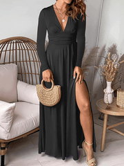 Inrosy robe longue moulante fendu le côté fluide v-cou manches longues femme élégant mode de soirée