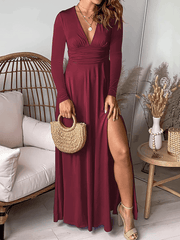 Inrosy robe longue moulante fendu le côté fluide v-cou manches longues femme élégant mode de soirée