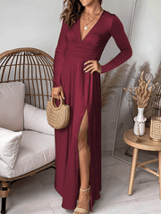 Inrosy robe longue moulante fendu le côté fluide v-cou manches longues femme élégant mode de soirée