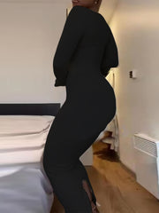 Inrosy robe longue moulante unicolore fendu bustier col carré manches fendues manches longues femme mode de promo