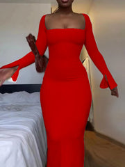 Inrosy robe longue moulante unicolore fendu bustier col carré manches fendues manches longues femme mode de promo