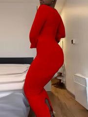 Inrosy robe longue moulante unicolore fendu bustier col carré manches fendues manches longues femme mode de promo