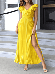 Inrosy longue robe mousseline fendu à volantée plissé dos nu v-cou sans manches femme élégant mode bal de promo