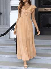 Inrosy longue robe mousseline fendu à volantée plissé dos nu v-cou sans manches femme élégant mode bal de promo